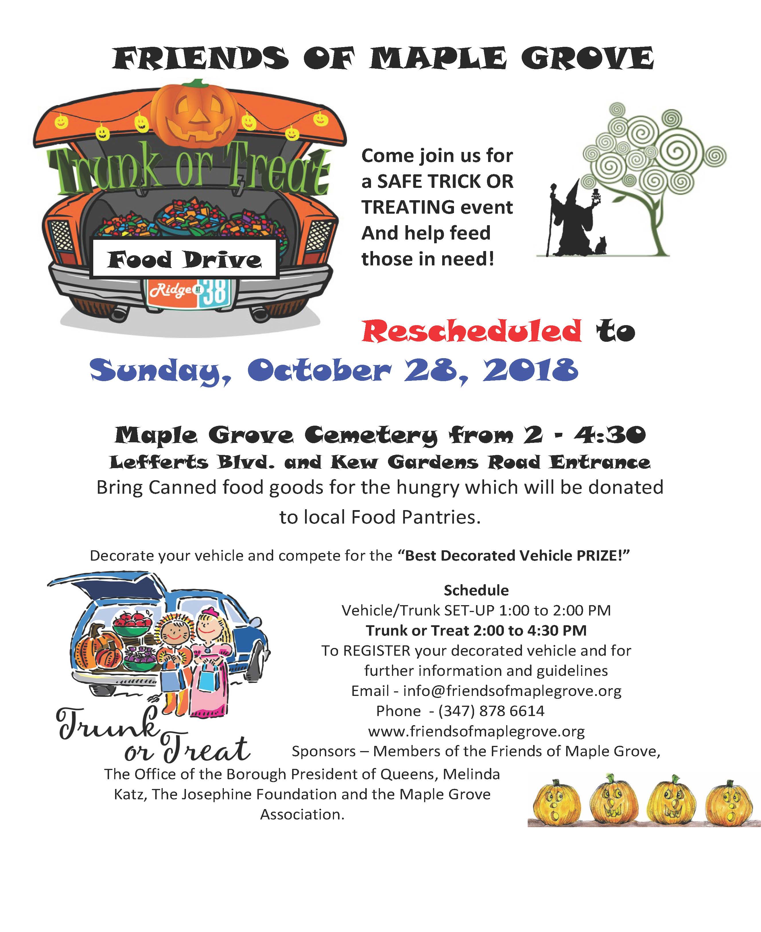 Trunk Or Treat Rescheduled At Maple Grove In Kew Gardens Qedc